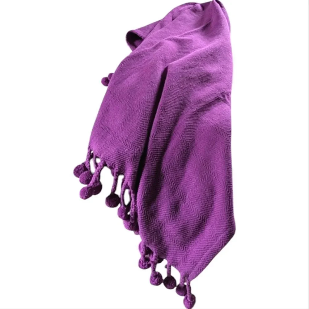 Karma Living Textured Purple Woven Cotton Sofa Throw With Large Pom Pom Fringe